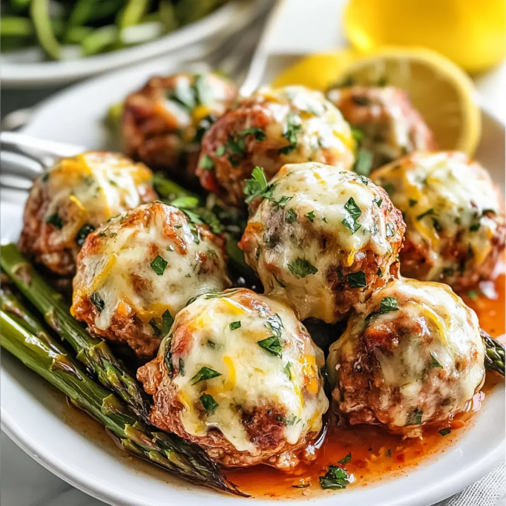 Cheesy Turkey Meatballs with Lemon Garlic Asparagus