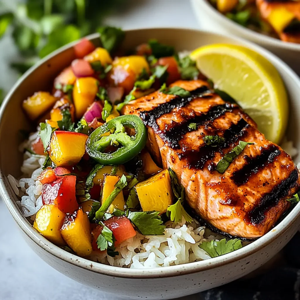 Crispy BBQ Salmon Bowls with Roasted Jalapeño Peach Salsa