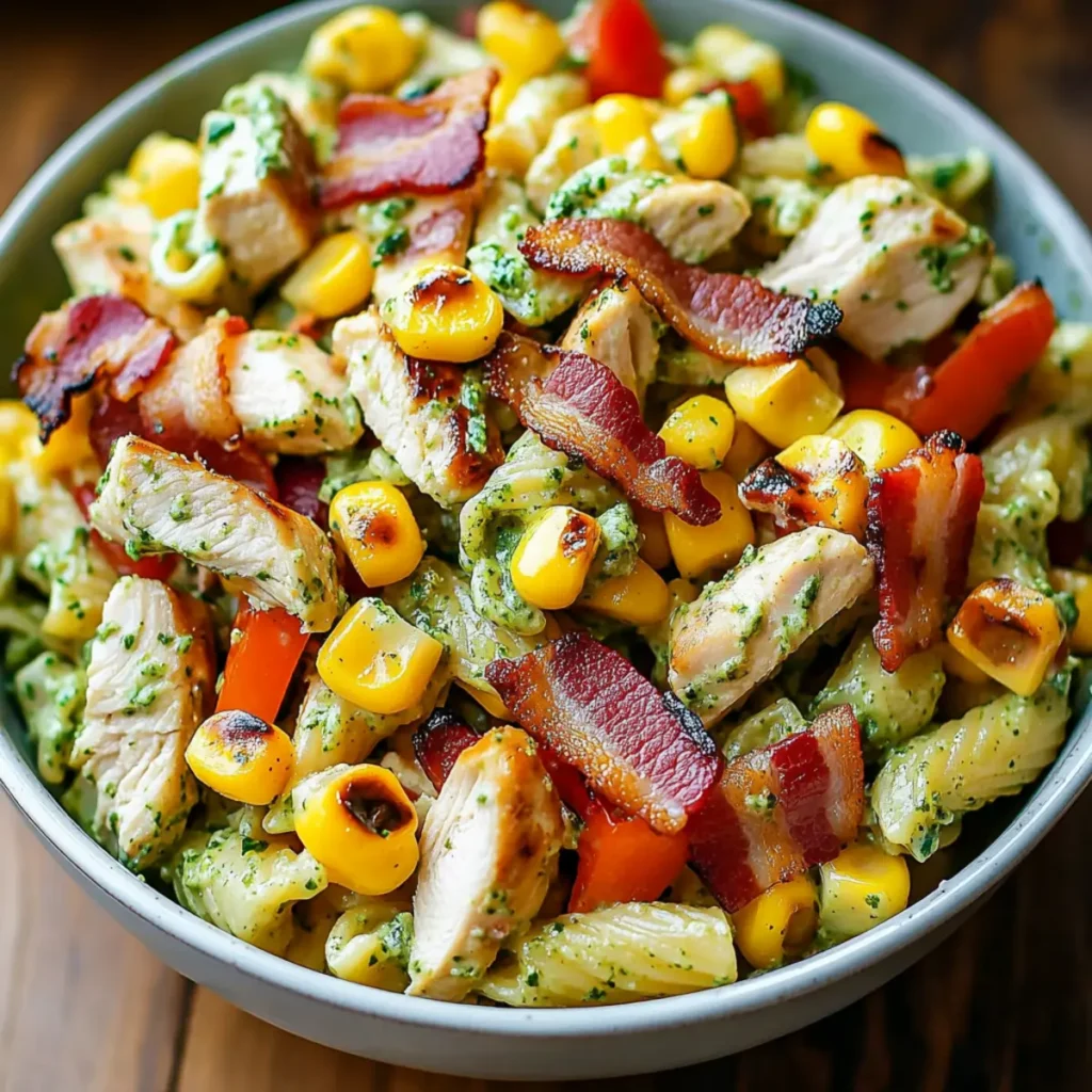SUMMER SALAD - Chicken and Corn Pasta Salad with Bacon, Bell Peppers, and Creamy Pesto Dressing