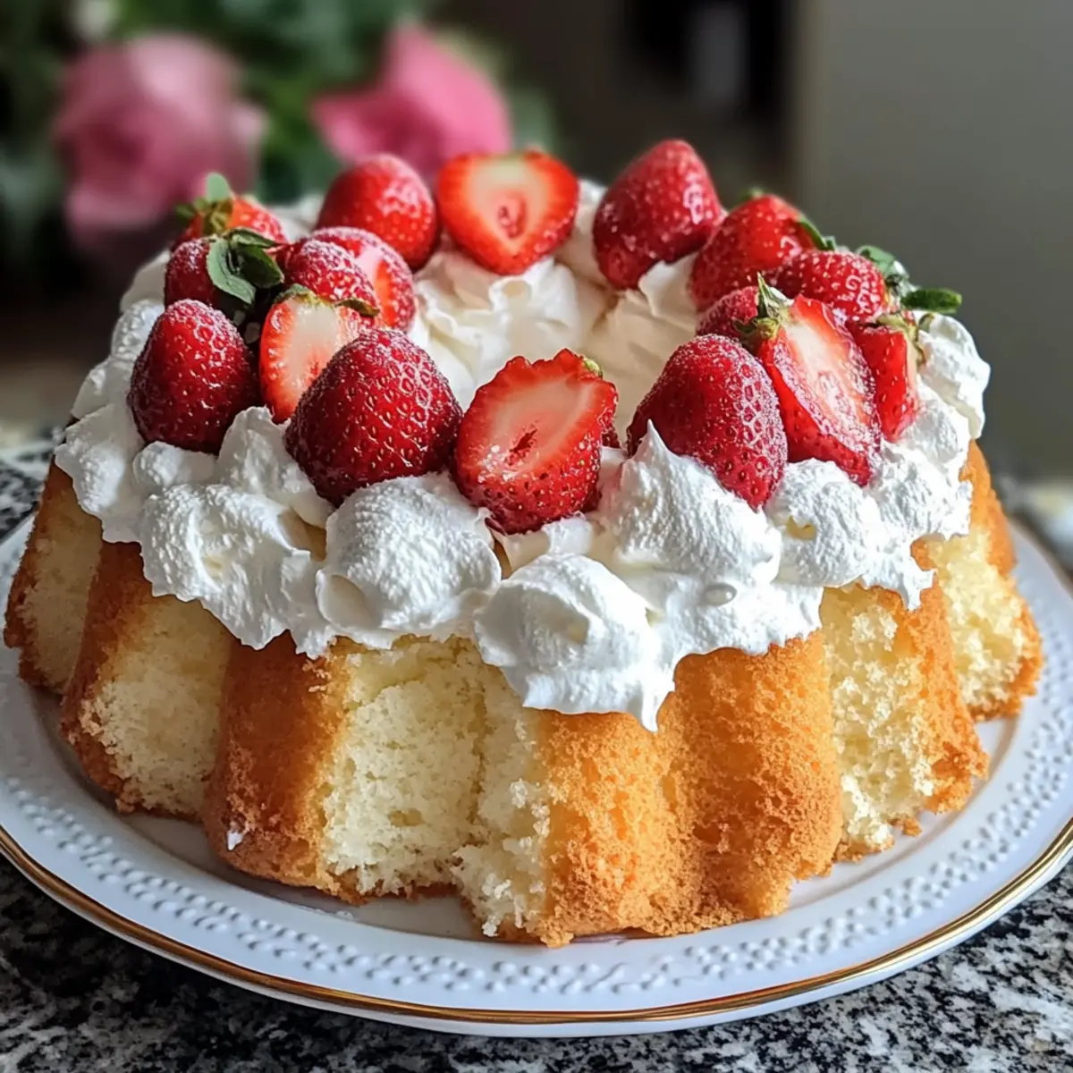 Homemade Angel Food Cake with Whipped Cream and Strawberries