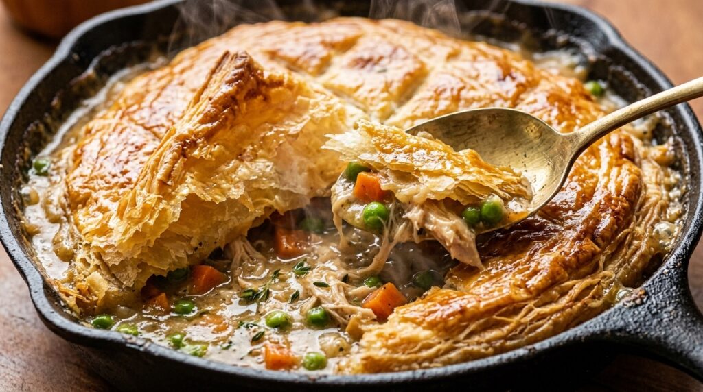 Ultra close-up macro of autumn chicken pot pie in cast iron skillet with flaky puff pastry crust and bubbling savory chicken gravy