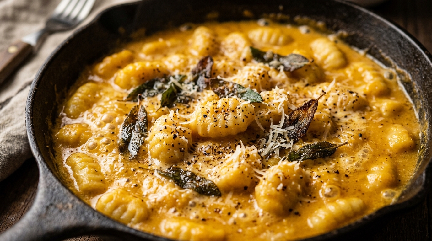 Ultra close-up macro of creamy butternut squash gnocchi simmering with crispy sage