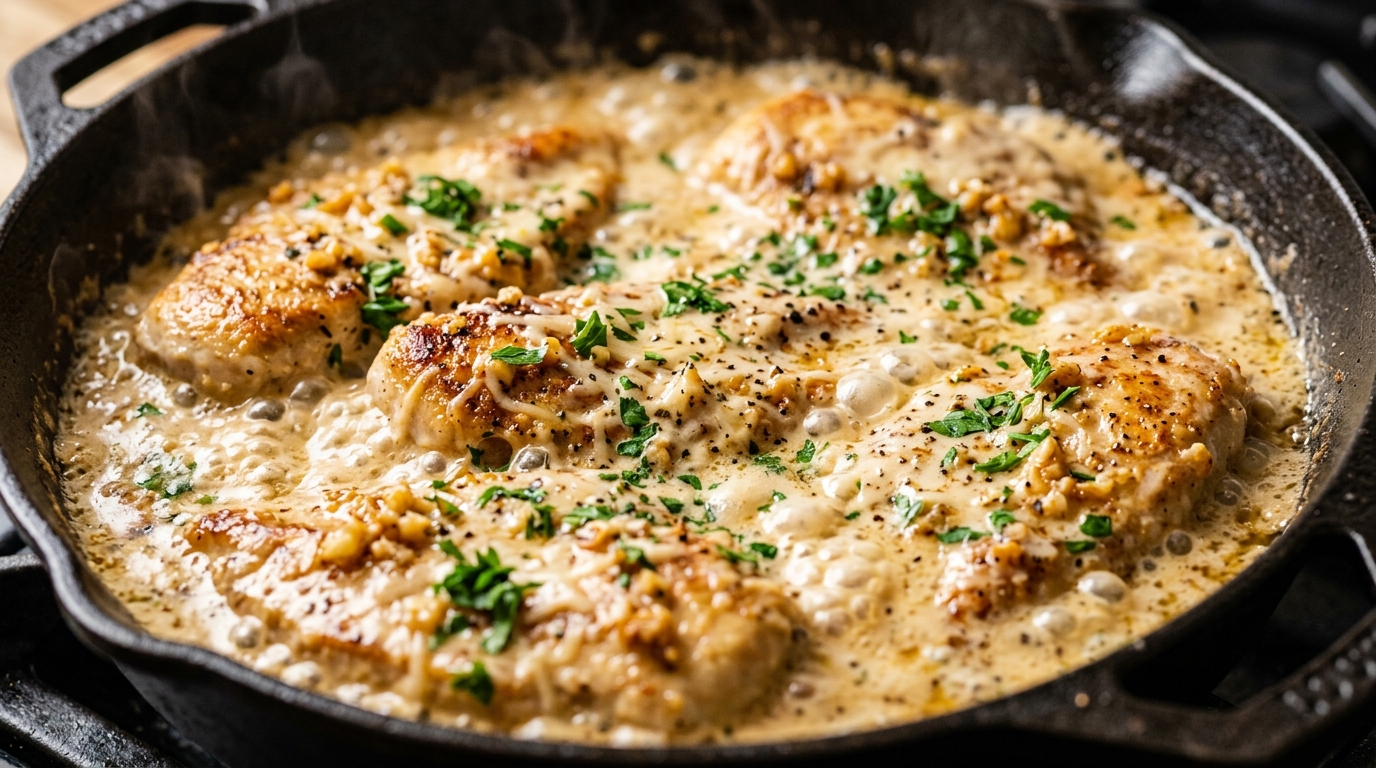 Ultra close-up macro of creamy garlic parmesan chicken simmering in cast iron skillet