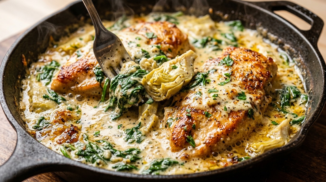 Creamy Spinach Artichoke Chicken simmering in a cast iron skillet on a rustic kitchen countertop