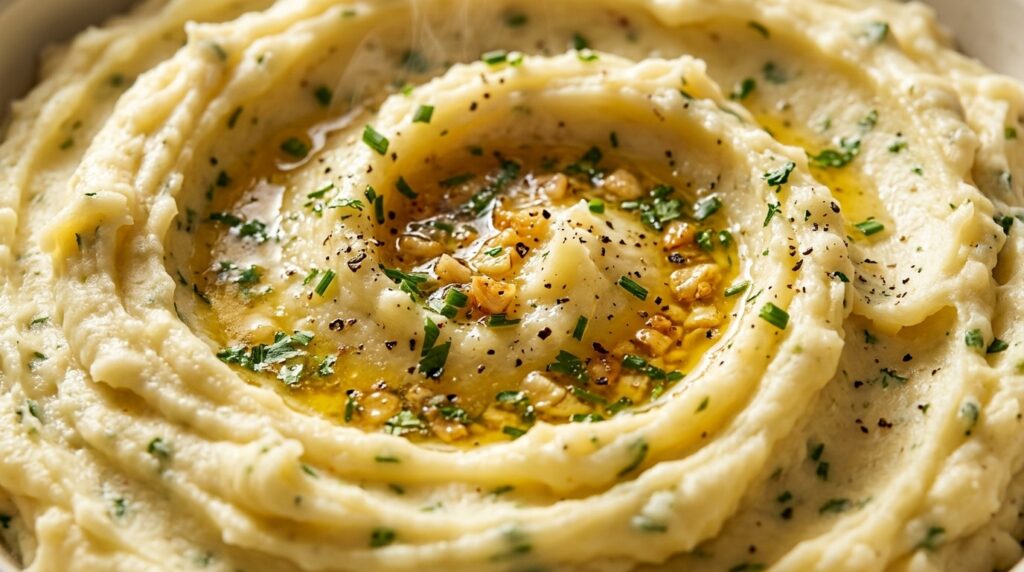Ultra close-up macro of creamy garlic herb mashed potatoes with melted golden butter crater and chives