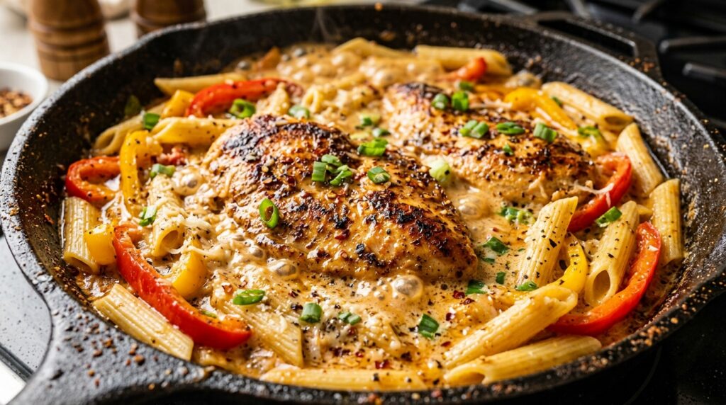 Ultra close-up macro of creamy cajun chicken and bell pepper pasta simmering in skillet