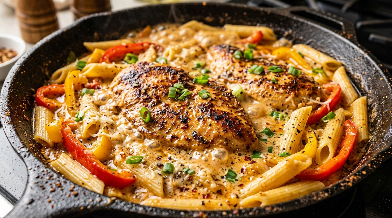 Ultra close-up macro of creamy cajun chicken and bell pepper pasta simmering in cast iron skillet