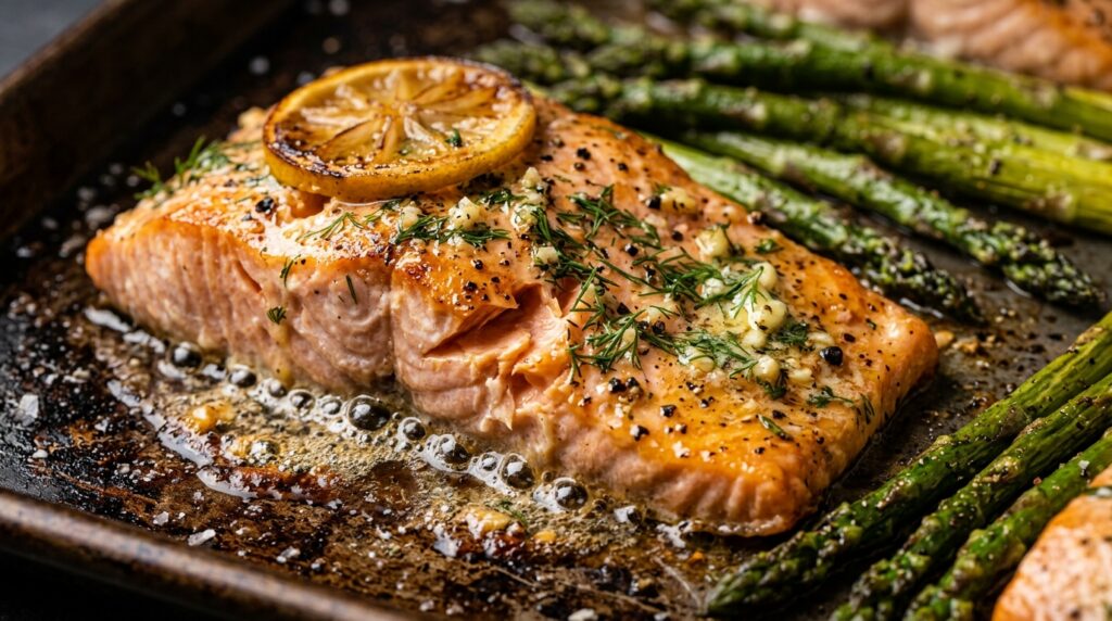 Ultra close-up macro of sheet pan lemon herb salmon sizzling with asparagus