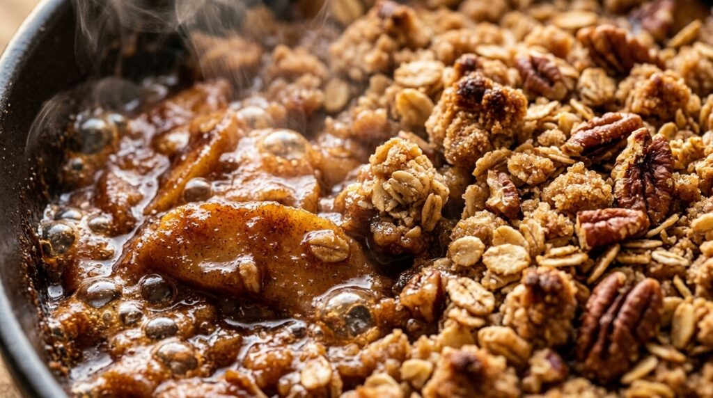 Ultra close-up macro of bubbling spiced cinnamon baked apples topped with golden-brown crispy rolled oat and pecan streusel crumble