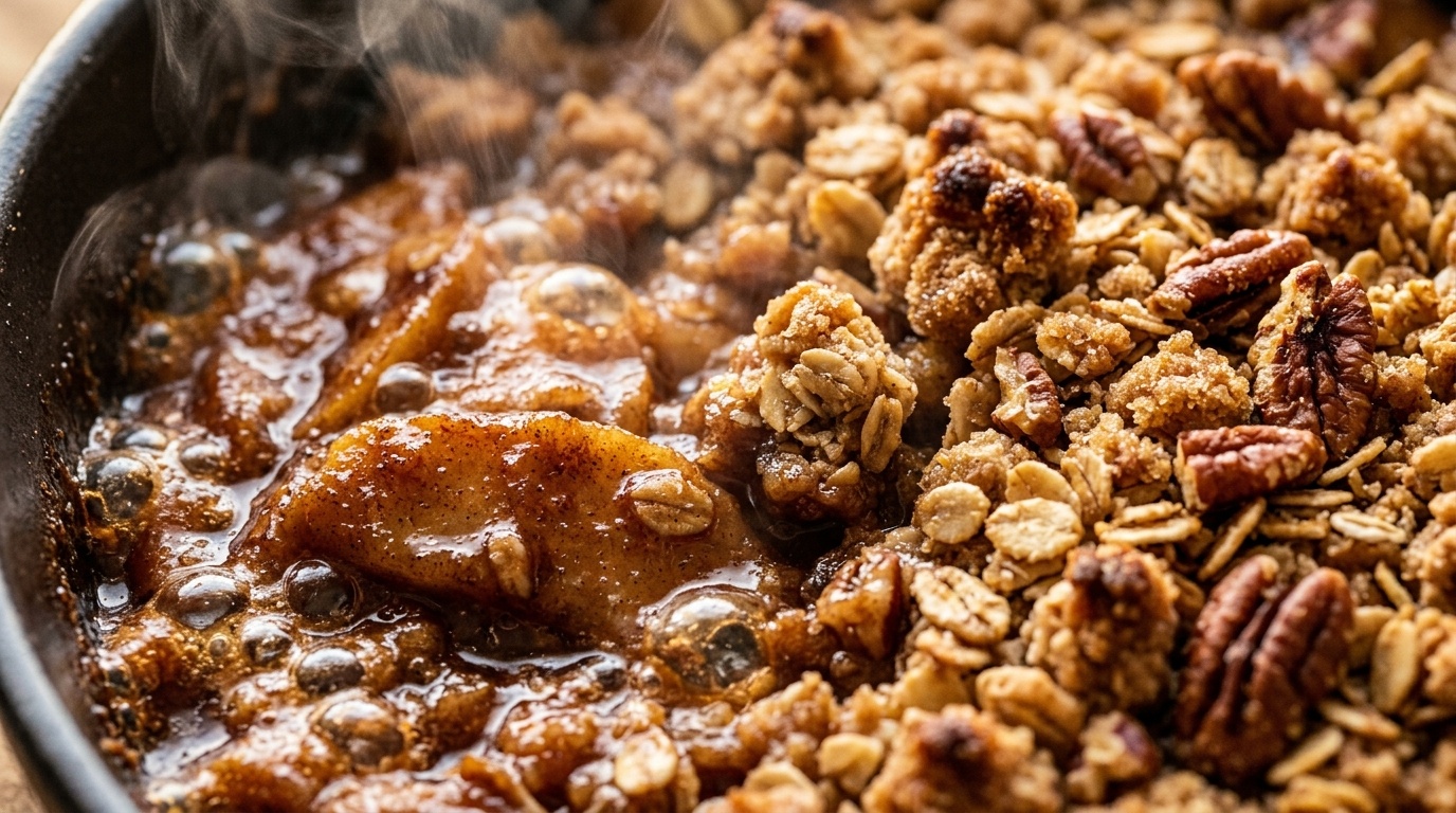 Ultra close-up macro of bubbling spiced cinnamon baked apples topped with golden-brown crispy rolled oat and pecan streusel crumble