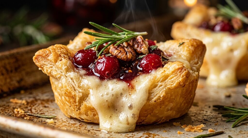 Ultra close-up macro of golden flaky puff pastry cups filled with molten bubbling French Brie cheese, spiced ruby cranberry sauce, and toasted pecans