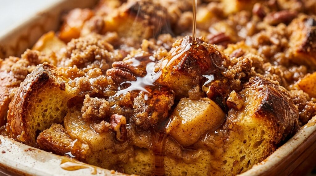 Ultra close-up macro of custard-soaked golden brioche french toast casserole baked with caramelized cinnamon apples and pecan streusel crumble