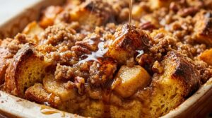 Ultra close-up macro of custard-soaked golden brioche french toast casserole baked with caramelized cinnamon apples and pecan streusel crumble