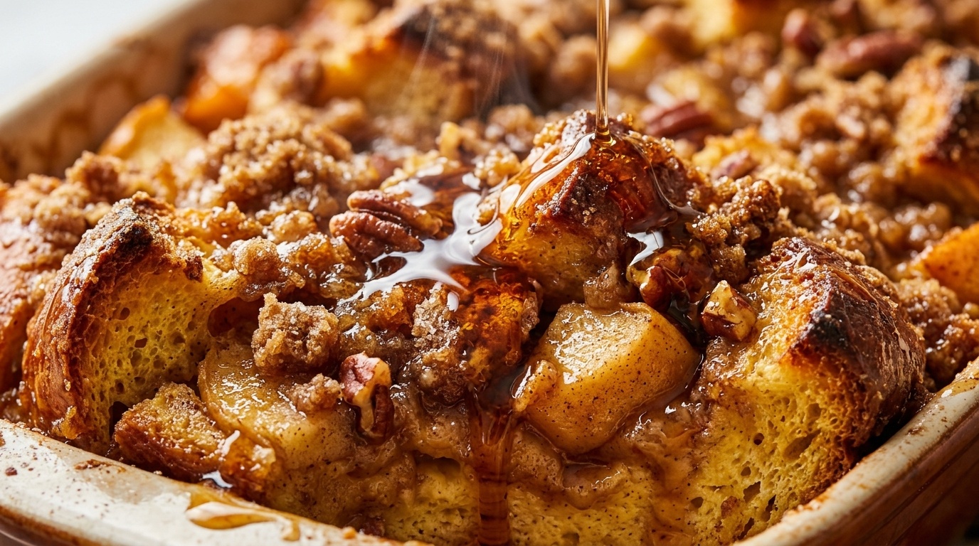 Ultra close-up macro of custard-soaked golden brioche french toast casserole baked with caramelized cinnamon apples and pecan streusel crumble