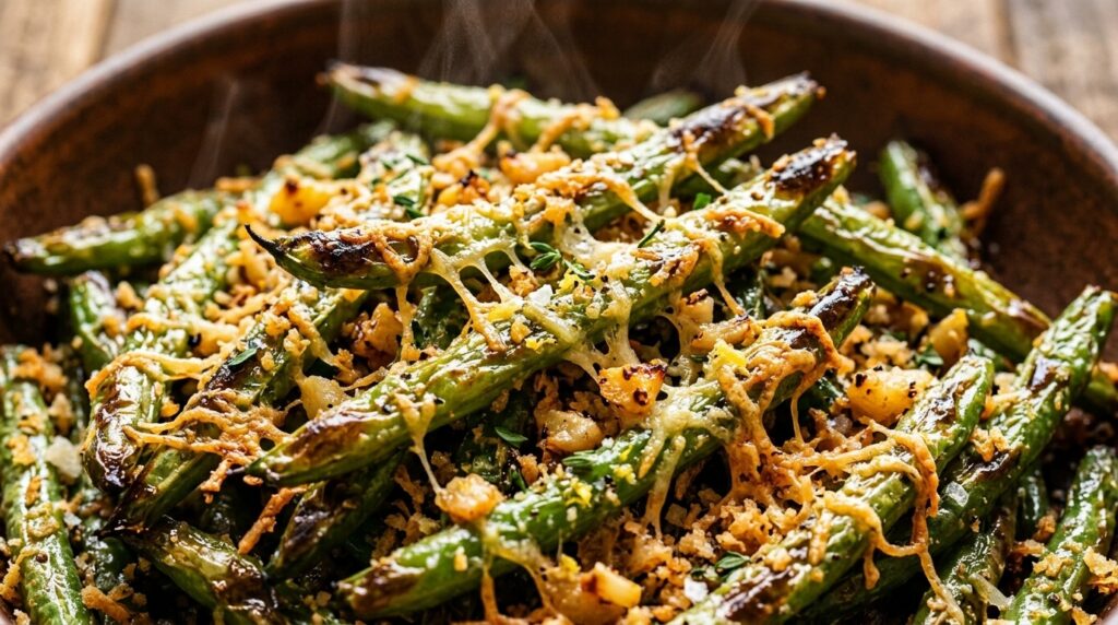 Ultra close-up macro of blistered roasted green beans crusted with melted shredded parmesan cheese, crispy panko, and fresh garlic