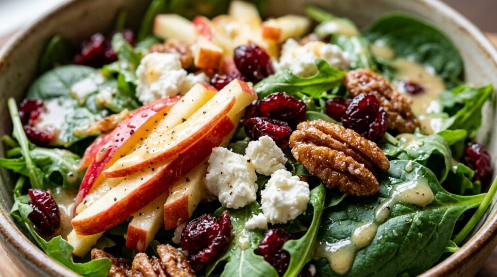 Ultra close-up macro of fresh Honeycrisp apple matchsticks, creamy goat cheese, candied pecans, and cranberries tossed in apple cider maple vinaigrette