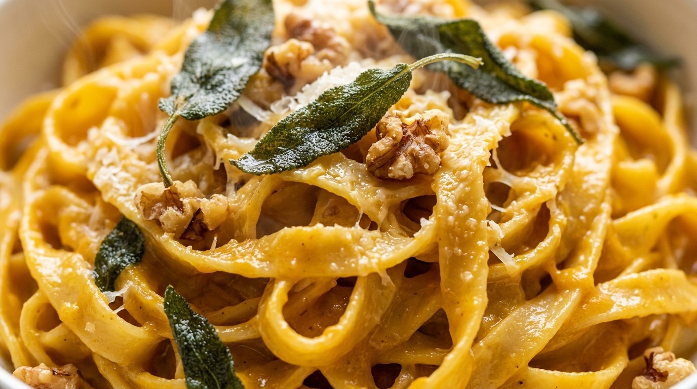Ultra close-up macro of creamy pumpkin sage fettuccine pasta coated in glossy orange sauce with fried sage leaves and toasted walnuts