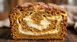 Ultra close-up macro slice of moist bakery-style pumpkin cream cheese swirl bread with thick velvety cheesecake ribbon and crackled cinnamon sugar crust