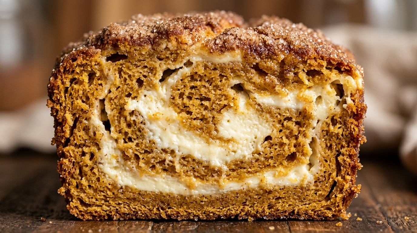 Ultra close-up macro slice of moist bakery-style pumpkin cream cheese swirl bread with thick velvety cheesecake ribbon and crackled cinnamon sugar crust
