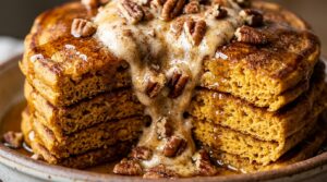 Ultra close-up macro stack of fluffy spiced pumpkin pancakes crowned with melting whipped maple pecan butter and glistening warm amber maple syrup