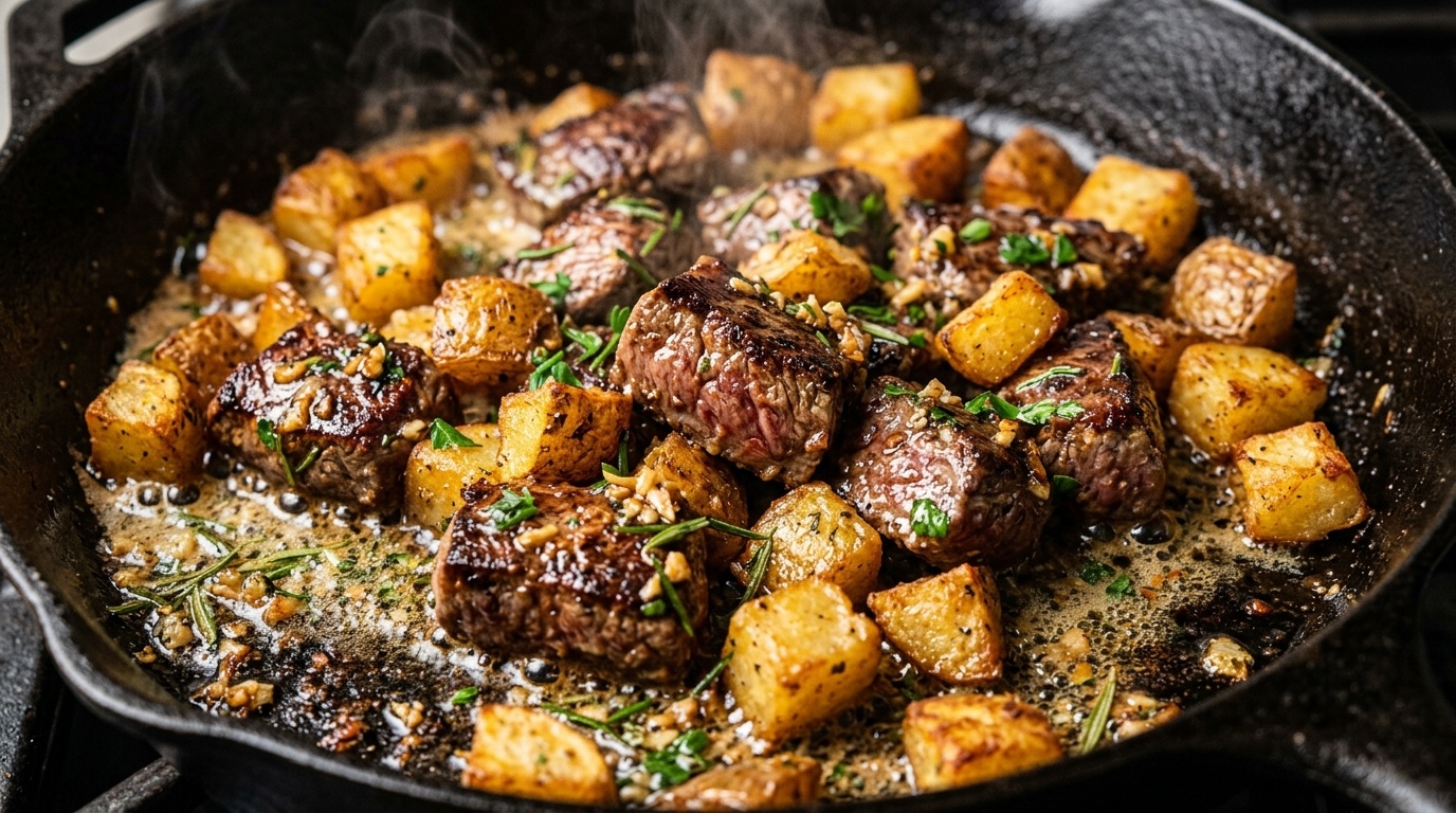 Ultra close-up macro of sizzling garlic butter steak bites and crispy golden potatoes in cast iron skillet with fresh rosemary and parsley