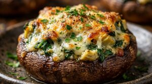 Ultra close-up macro of bubbling garlic herb spinach artichoke stuffed mushrooms overflowing with golden melted mozzarella and parmesan panko crust