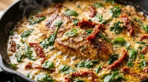 Ultra close-up macro of golden pan-seared chicken cutlets simmering in velvety garlic parmesan cream sauce with sun-dried tomatoes and spinach