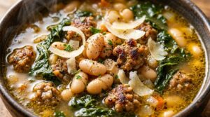 Ultra close-up macro of steaming Tuscan white bean and sausage soup with tender kale ribbons, cannellini beans, and melted shaved parmesan cheese