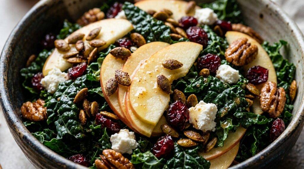 Autumn Honeycrisp apple massaged kale salad macro close-up with goat cheese and toasted pepitas