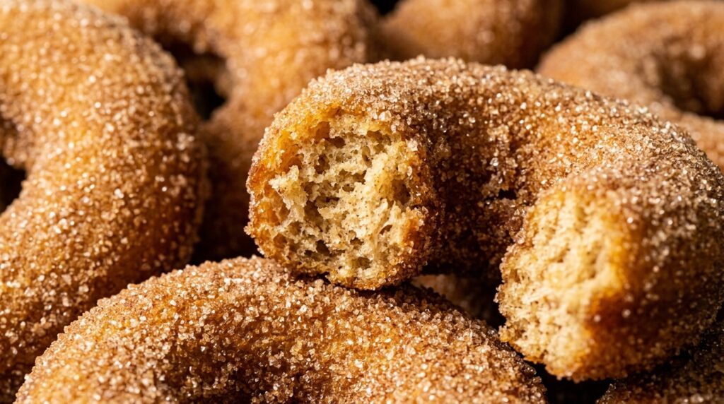 Golden baked apple cider donut coated in sparkling cinnamon sugar macro close-up