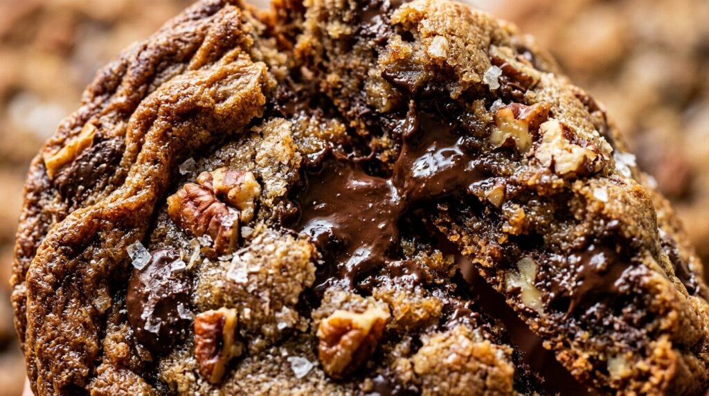 Bakery brown butter pecan chocolate chip cookie broken in half with molten chocolate and flaky sea salt macro
