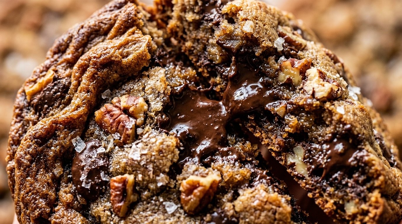 Ultra close-up macro of giant brown butter chocolate chip cookie broken in half with molten dark chocolate puddle and toasted pecans