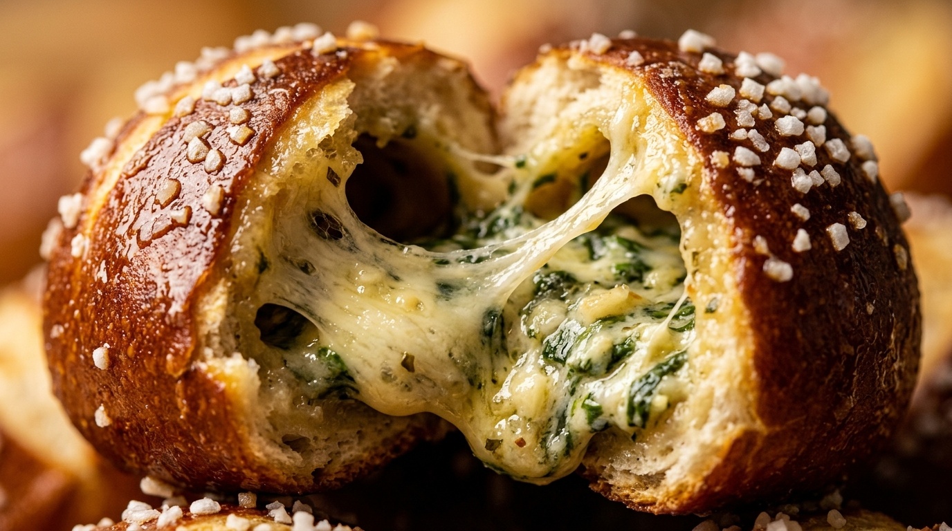 Ultra close-up macro of warm golden brown pretzel bite pulled apart revealing gooey melted cheese and spinach dip with coarse pretzel salt