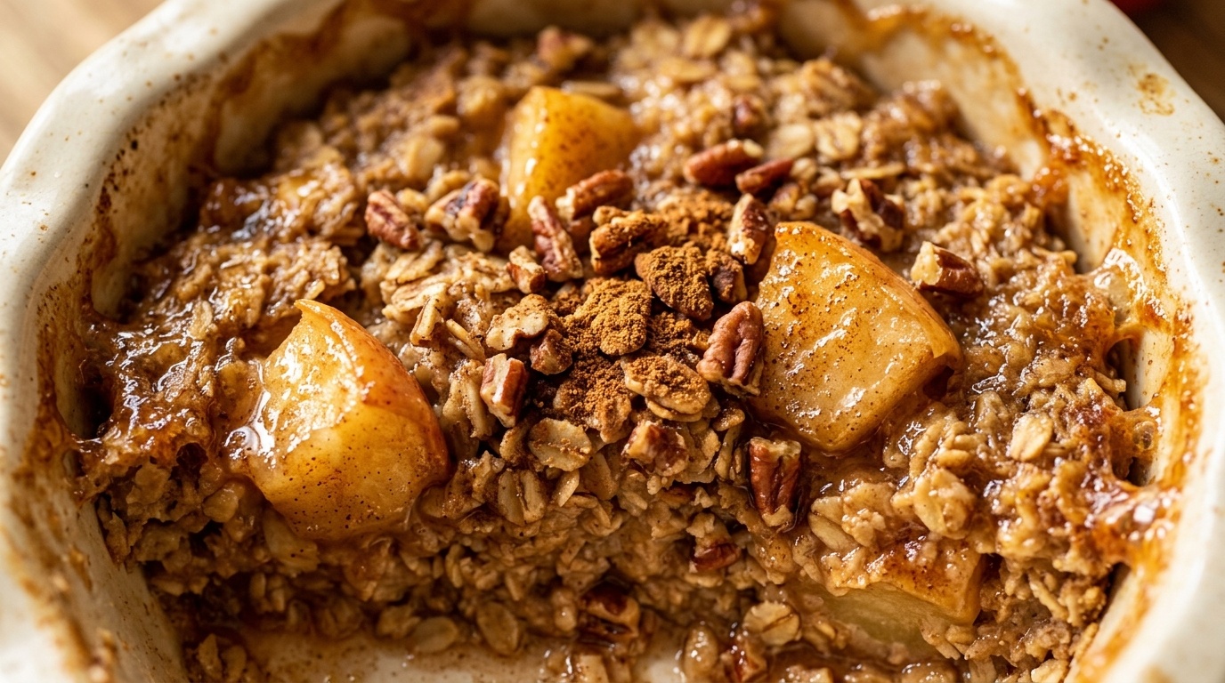 Ultra close-up macro of warm baked apple cinnamon oatmeal with caramelized apples and pecans