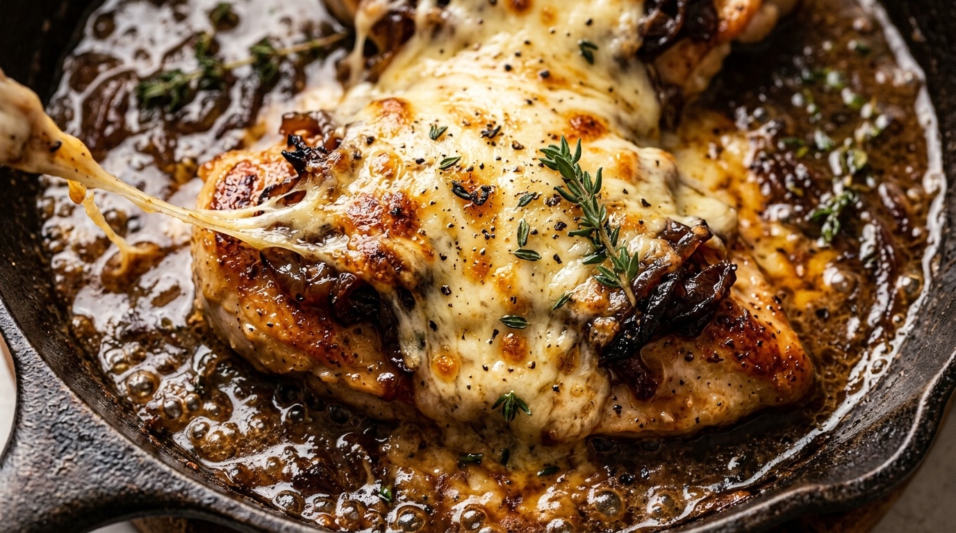 Ultra close-up macro of sizzling French onion chicken skillet with bubbling melted Gruyere cheese and caramelized onions