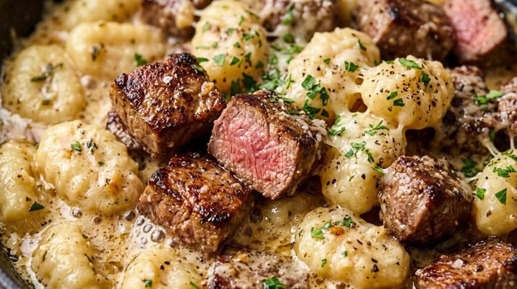 Creamy garlic butter steak and gnocchi bubbling with rich sauce macro close-up