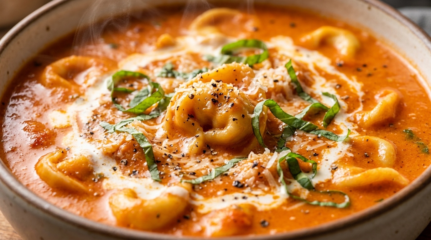 Ultra close-up macro of creamy tomato basil tortellini soup with plump cheese tortellini and fresh basil ribbons