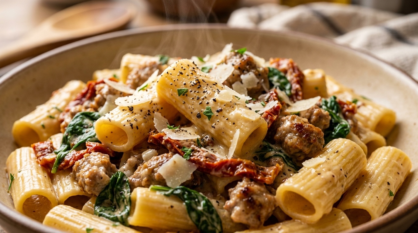 Ultra close-up macro of creamy Tuscan sausage pasta with sun-dried tomatoes and baby spinach in garlic parmesan sauce