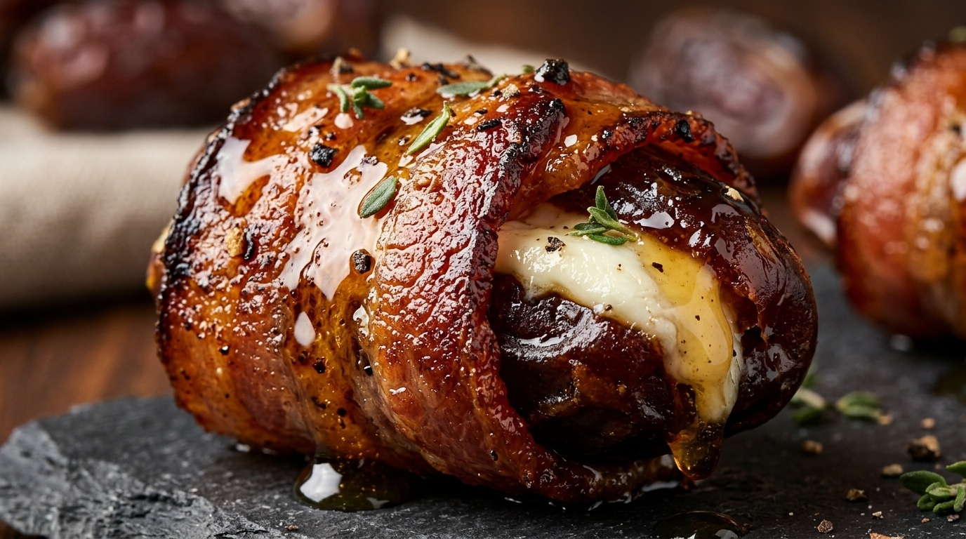 Ultra close-up macro of sizzling crispy bacon wrapped dates stuffed with goat cheese and drizzled with honey
