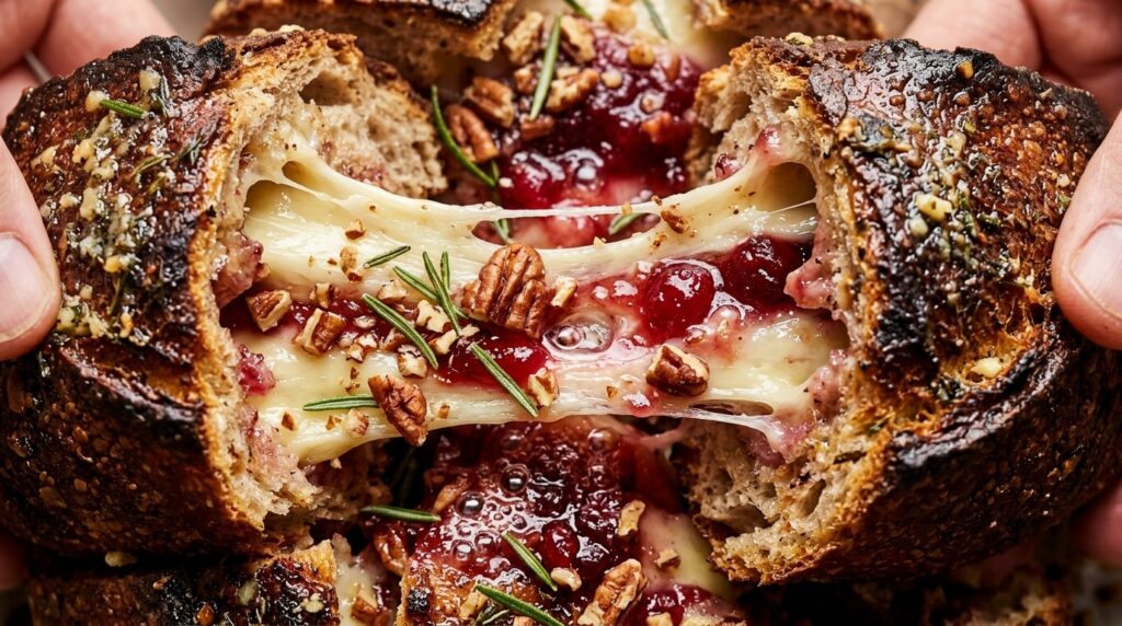 Garlic herb cranberry brie pull apart sourdough bread cheese pull macro close-up