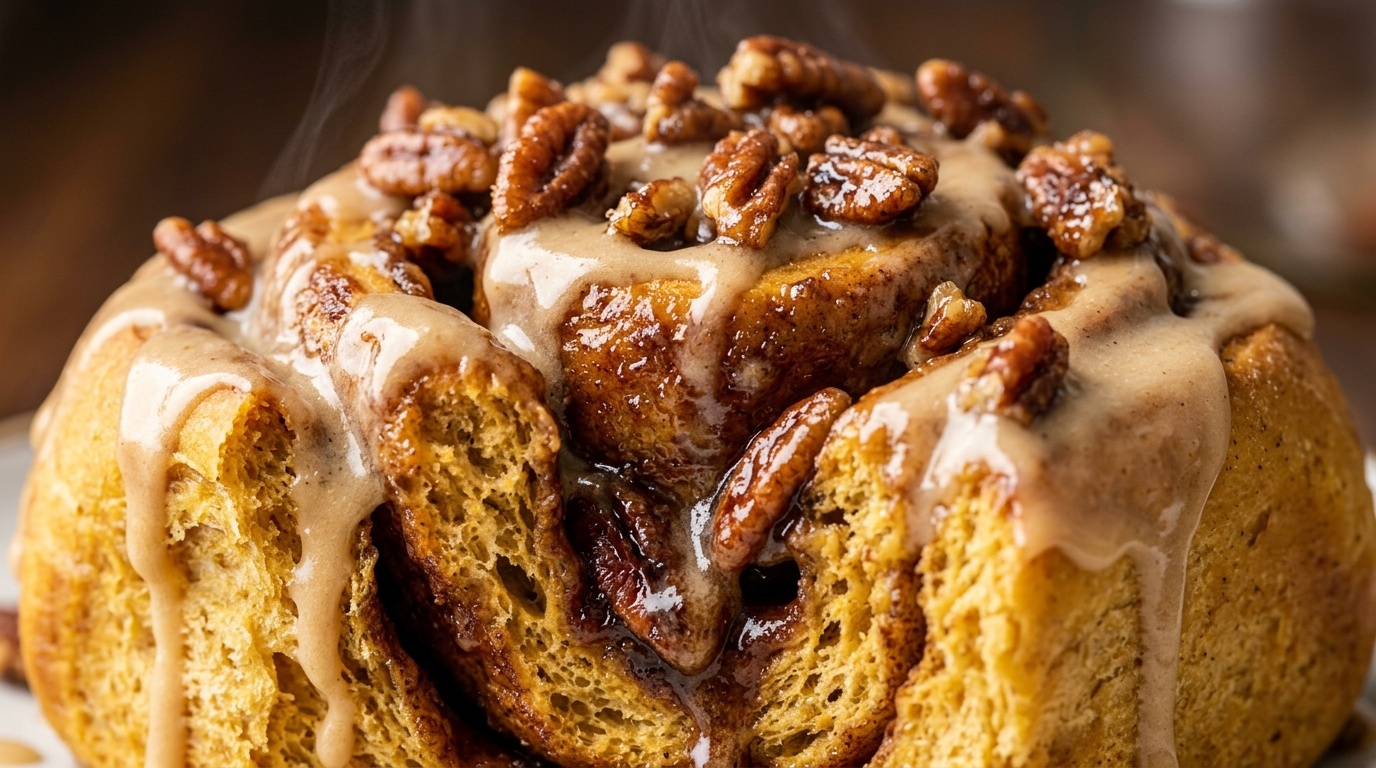 Ultra close-up macro of gooey pumpkin pecan cinnamon roll with dripping maple cream cheese glaze and toasted pecans