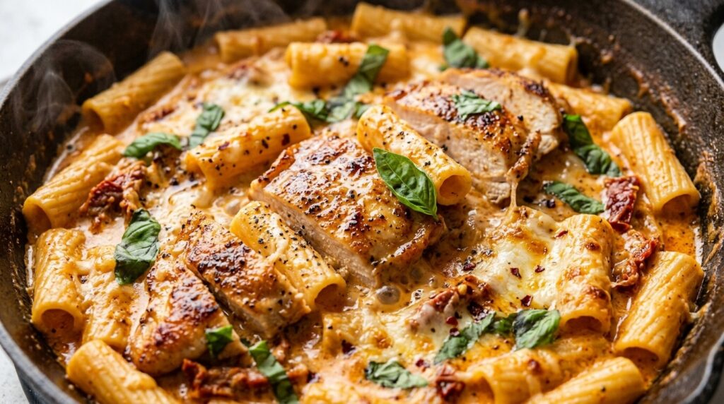 Creamy Marry Me chicken pasta in rustic skillet with fresh basil macro close-up
