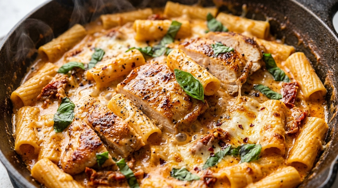 Ultra close-up macro of bubbling creamy Marry Me chicken pasta skillet with golden seared cutlets and fresh basil