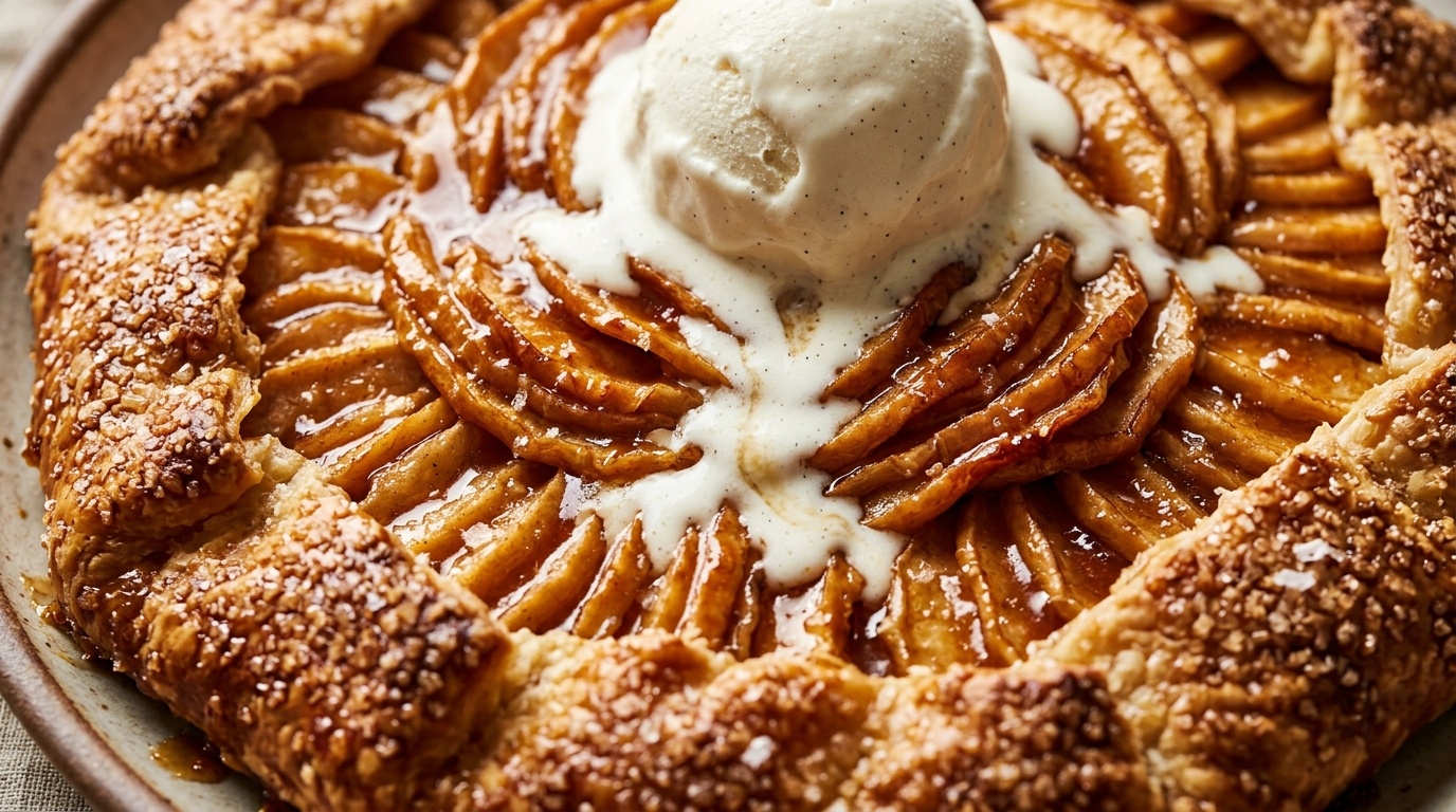 Ultra close-up macro of bubbling salted caramel apple galette with melting vanilla bean ice cream and flaky turbinado crust