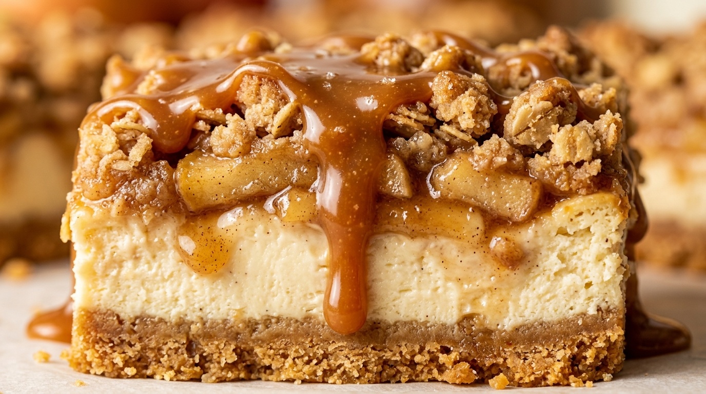 Ultra close-up macro texture of salted caramel apple streusel cheesecake bars with dripping caramel