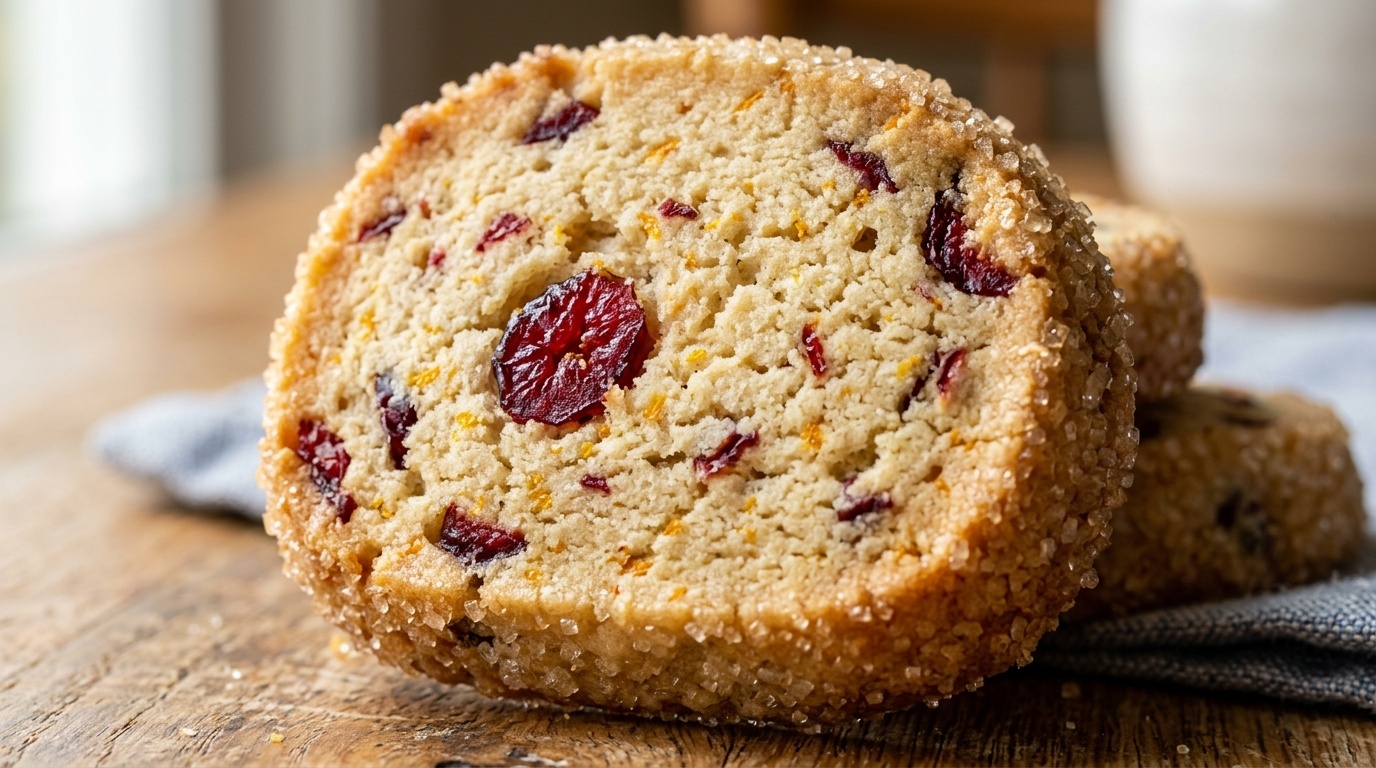 Ultra close-up macro of slice and bake cranberry orange shortbread cookies with sparkling sugar rim and ruby cranberries