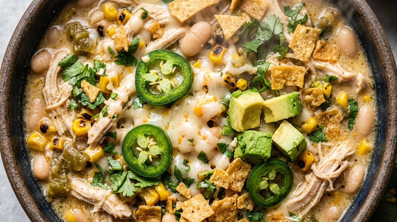 Ultra close-up macro of creamy white chicken chili bowl with shredded chicken, white beans, melted cheese, and avocado