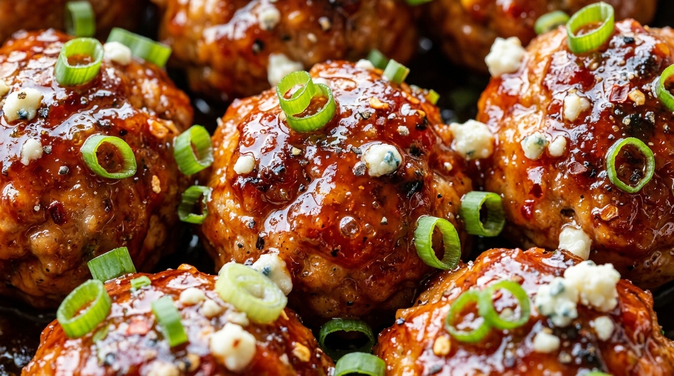 Ultra close-up macro of glazed slow cooker honey buffalo chicken meatballs bubbling in sticky red sauce