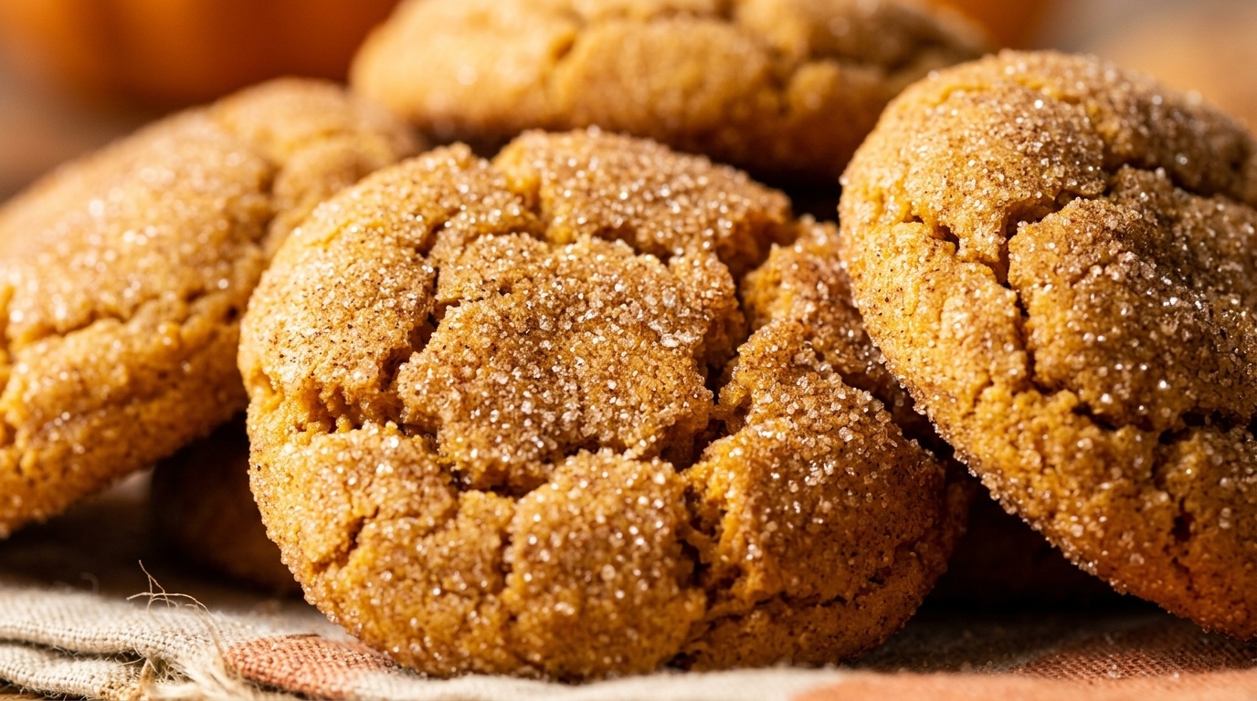 Ultra close-up macro of soft batch pumpkin snickerdoodles cookies coated in sparkling cinnamon sugar