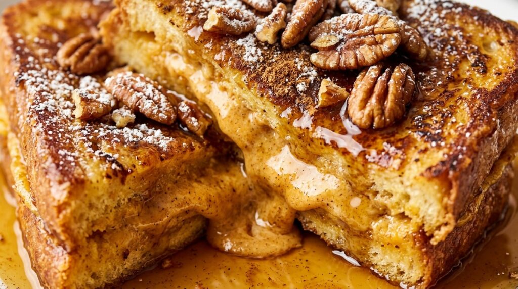 Golden stuffed pumpkin cream cheese brioche French toast macro close-up with warm maple syrup